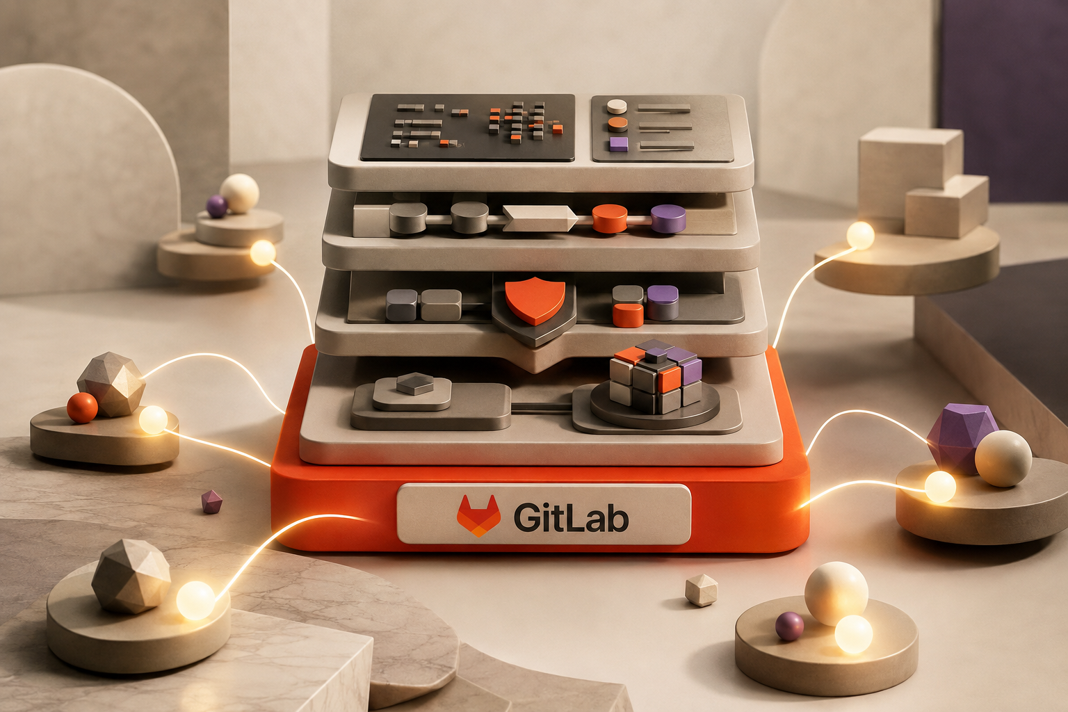 以GitLab官方标识为主体识别元素的软件平台场景，抽象展示代码、流水线、安全、部署和外部Agent汇聚到统一上下文与治理平台。