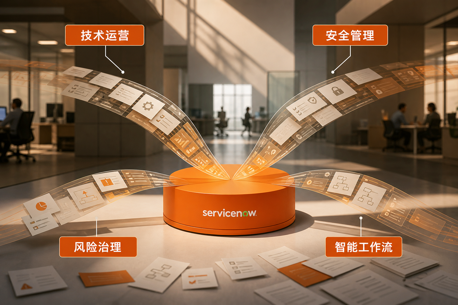 企业工作流汇聚到带有ServiceNow官方标识的统一平台,象征AI与多产品协同。