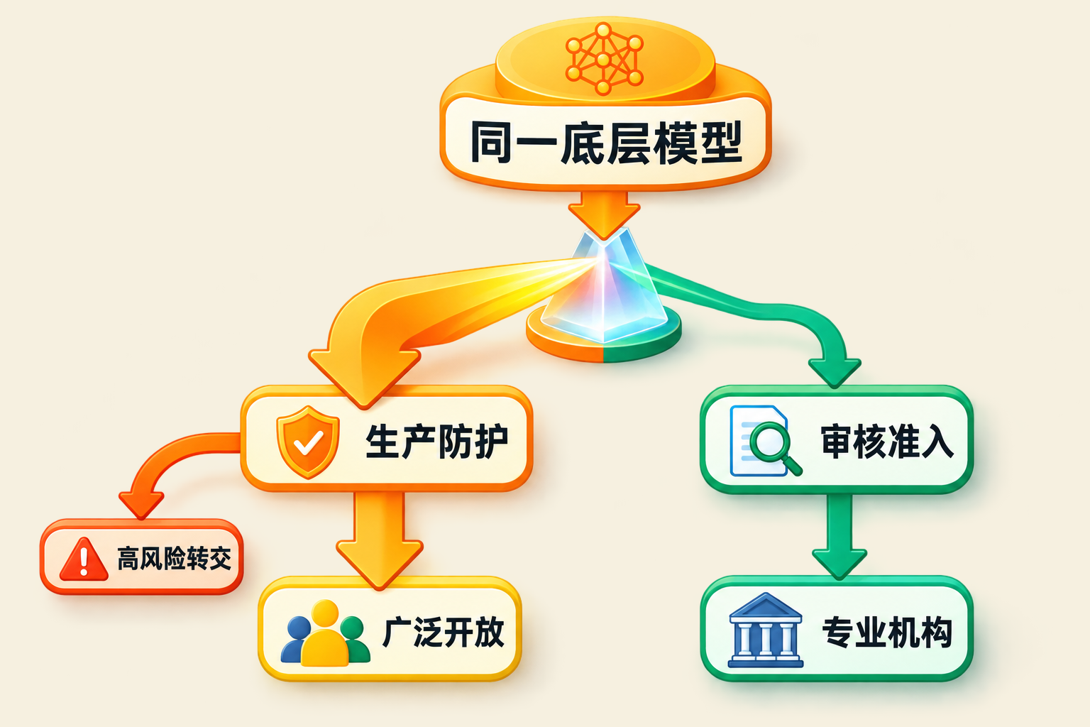 同一底层模型经生产防护或审核准入,分别走向广泛开放与专业机构的分级部署示意图。