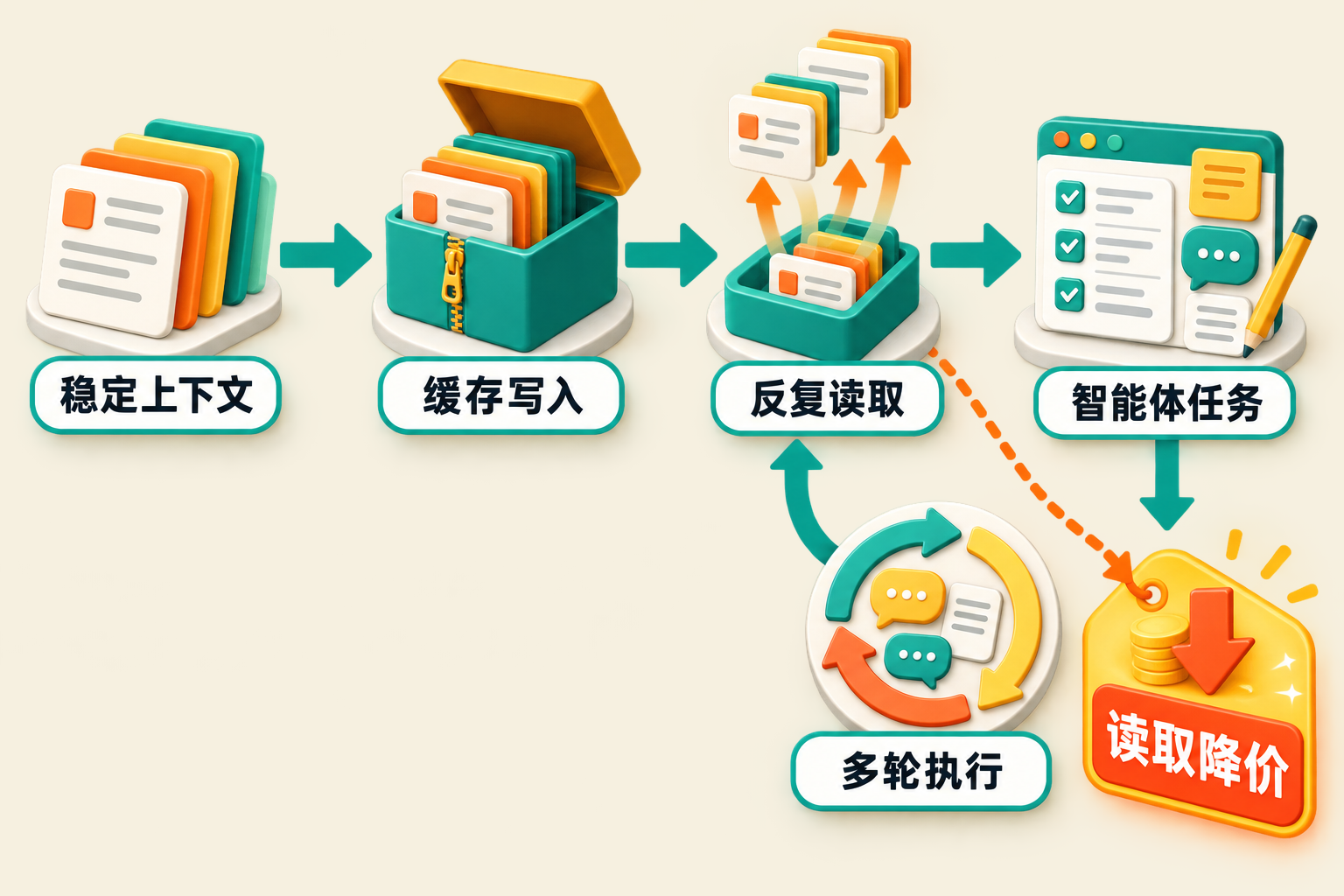 稳定上下文写入缓存后被智能体在多轮执行中反复读取,从而降低读取成本的流程图。
