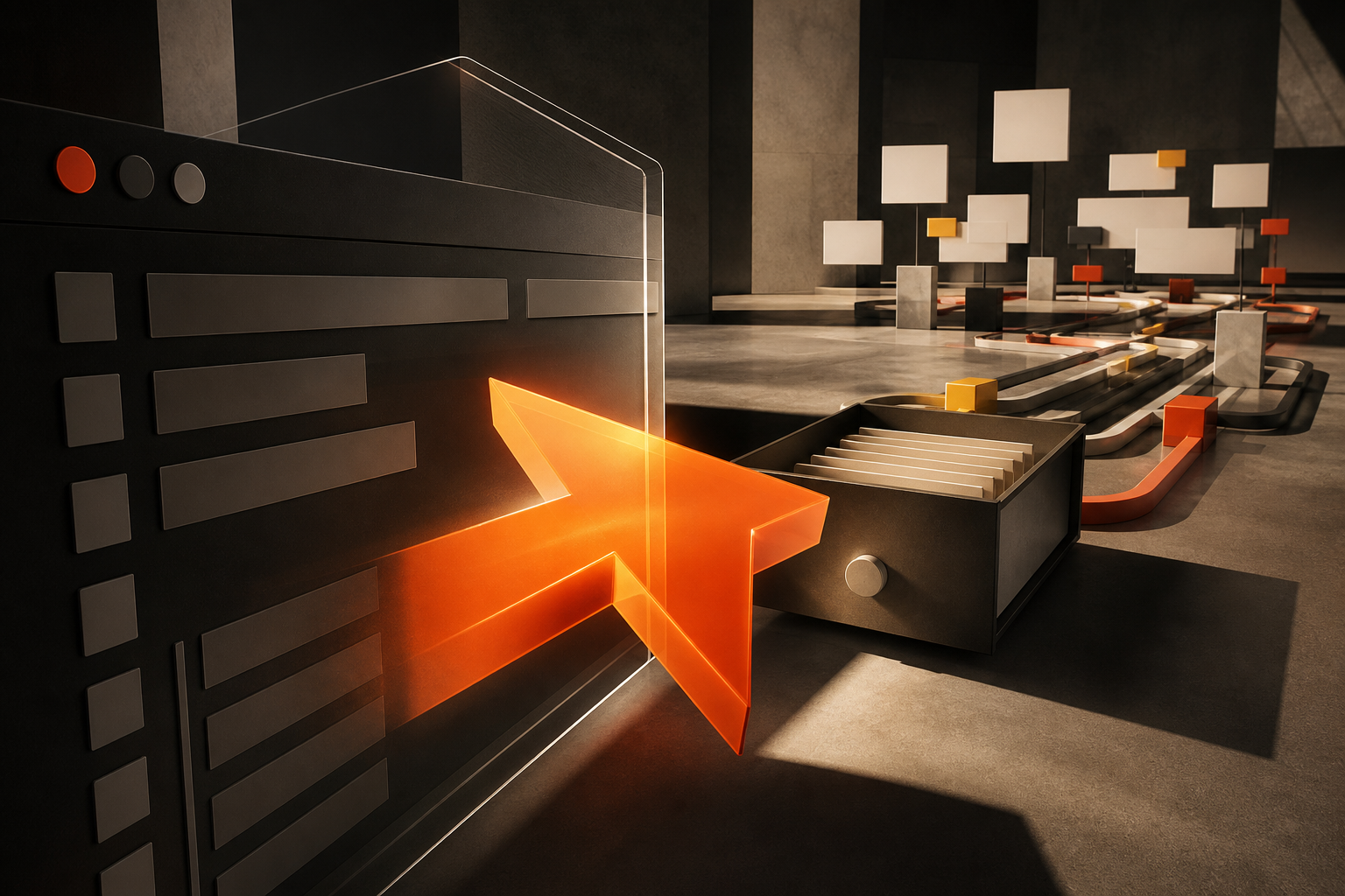 橙色光标从代码编辑界面进入仓库与协作空间,象征 Cursor 向代码托管延伸。