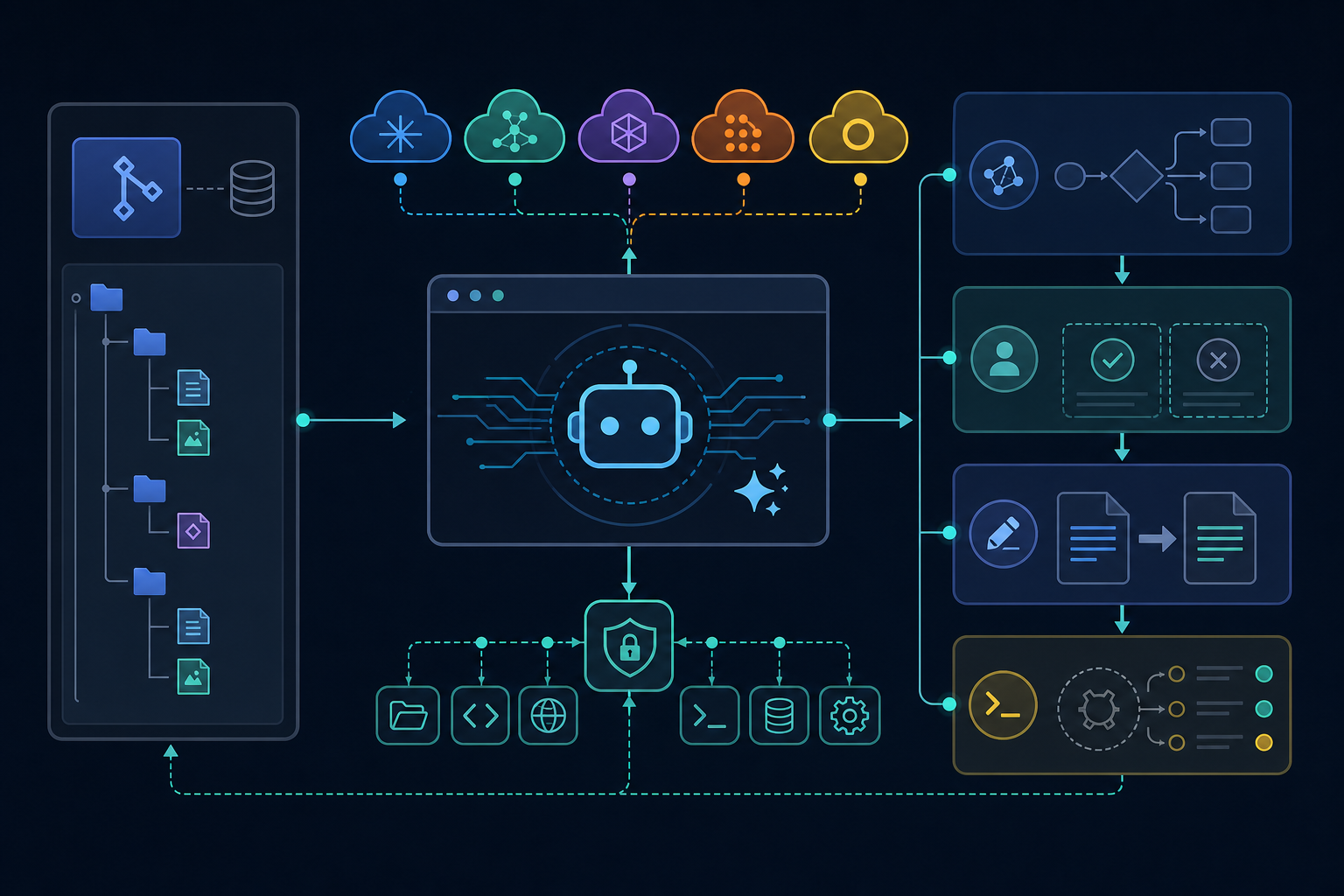 OpenCode 从代码仓库连接模型,经权限确认后执行编辑与命令的流程示意图