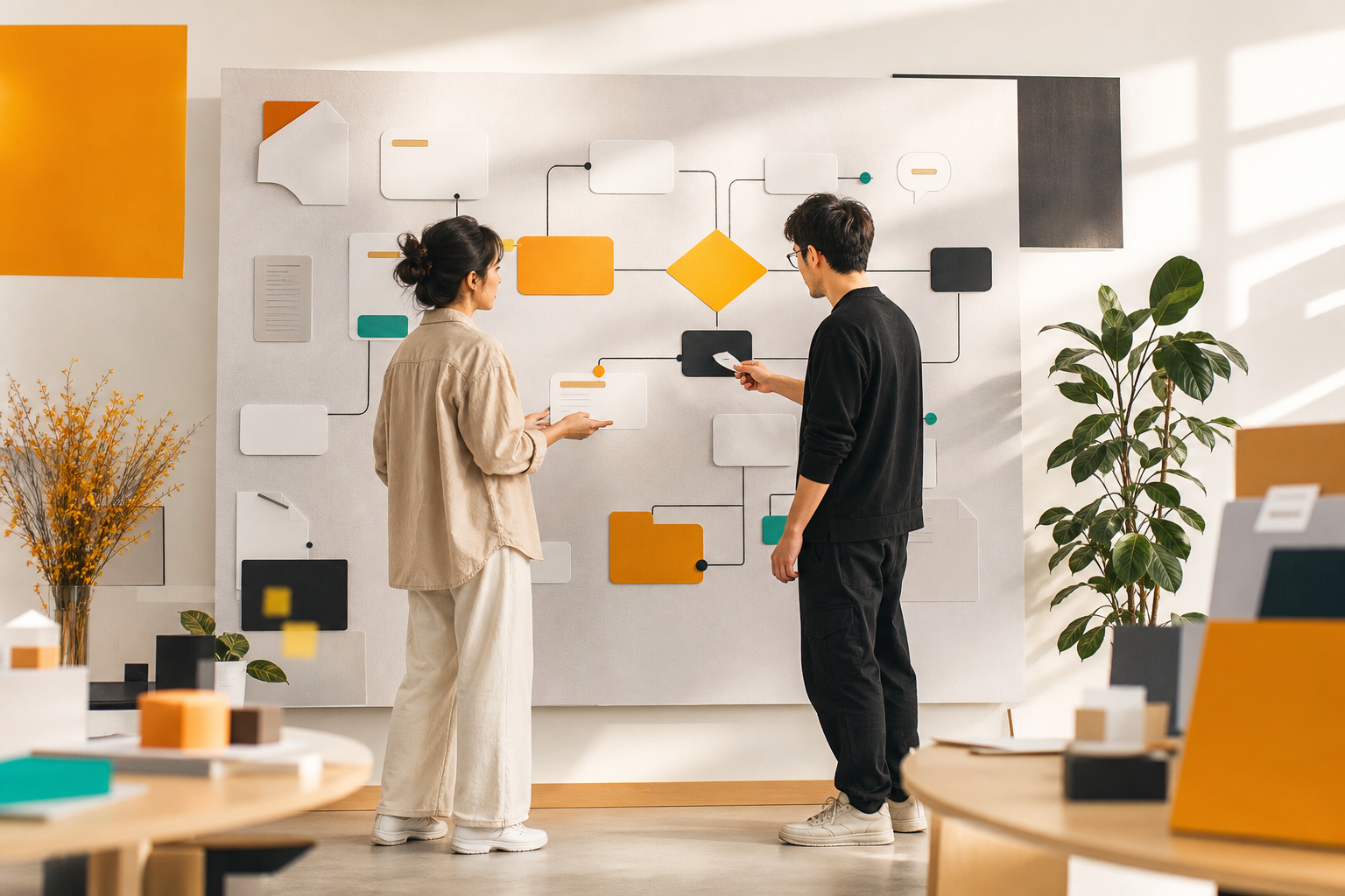 产品与开发人员在带有 Dify 官方标识的可视化工作流画布前共同设计 AI 应用。