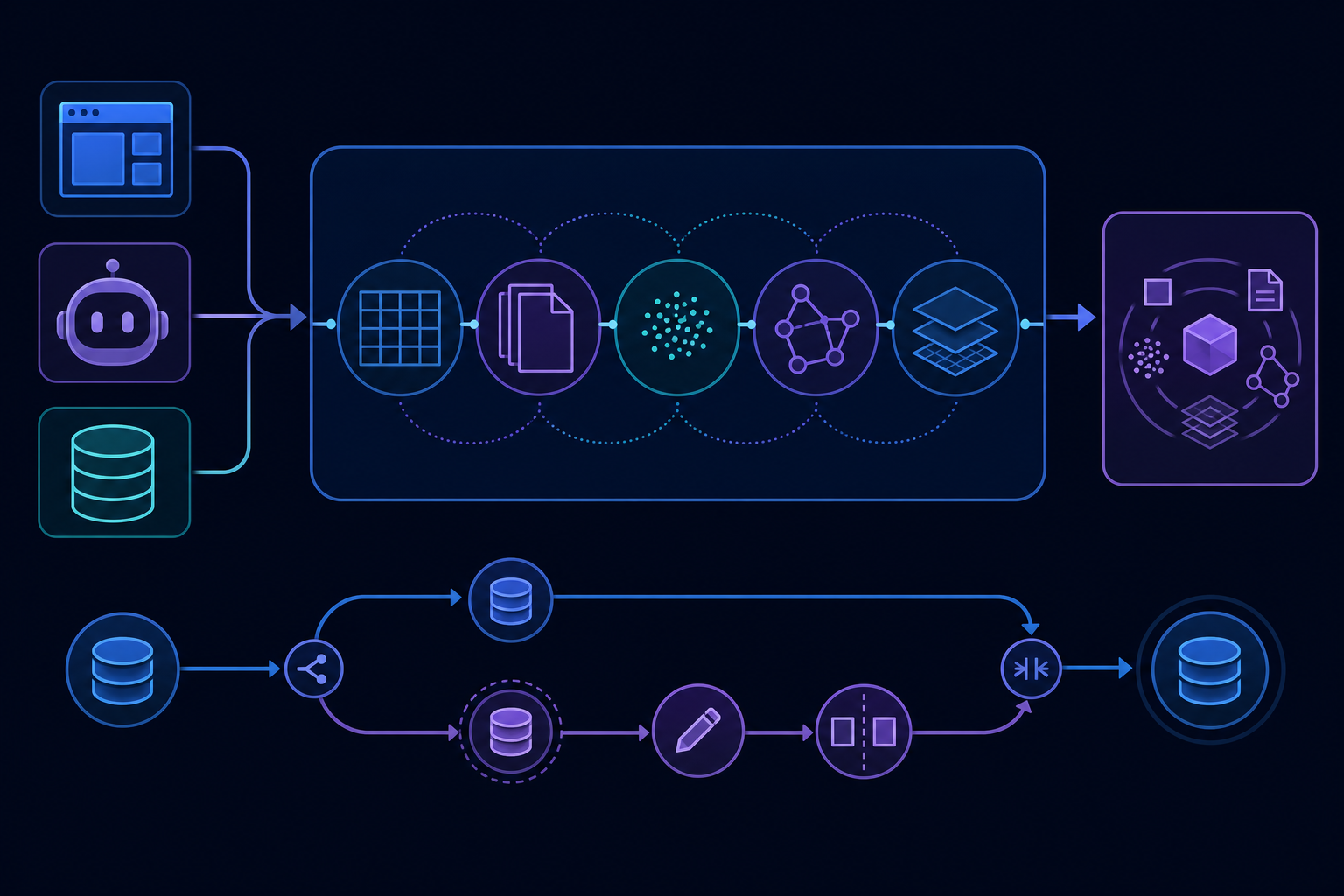 seekdb 统一接入关系、全文、向量和半结构化数据，并通过数据库分支支持隔离修改与合并的架构示意图