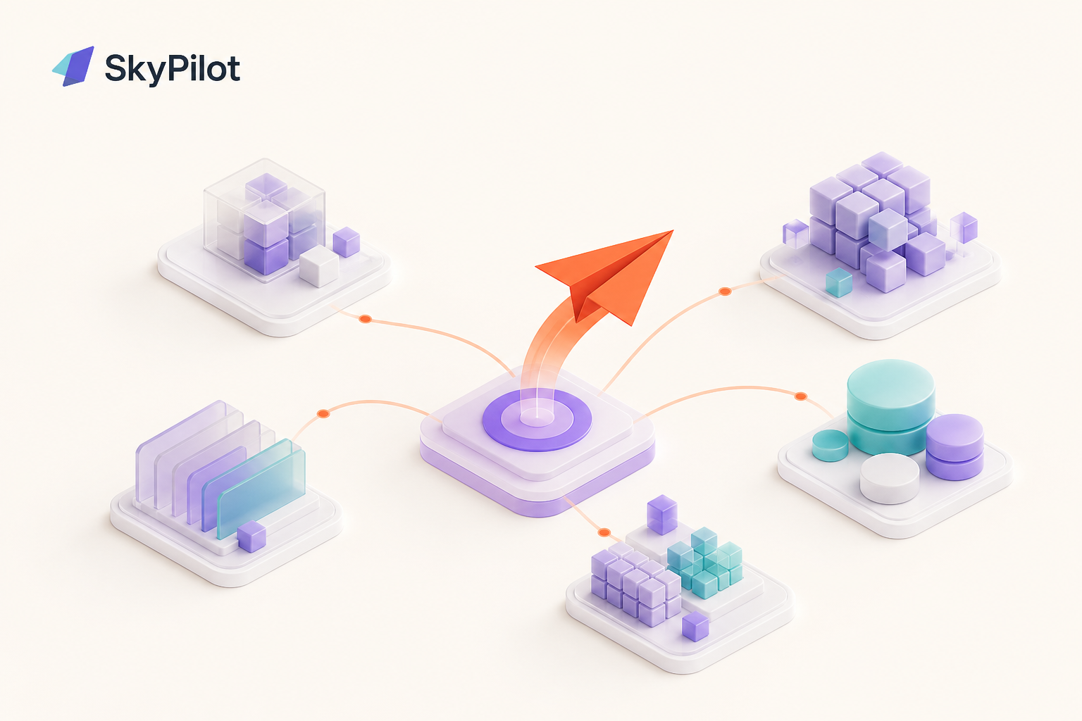 SkyPilot 官方标识与统一任务入口连接多种抽象计算基础设施的场景插图。