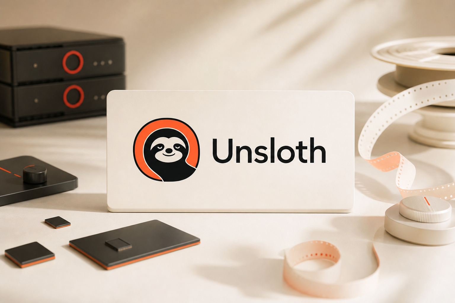 以 Unsloth 官方 Logo 为核心的本地模型工作台视觉场景。