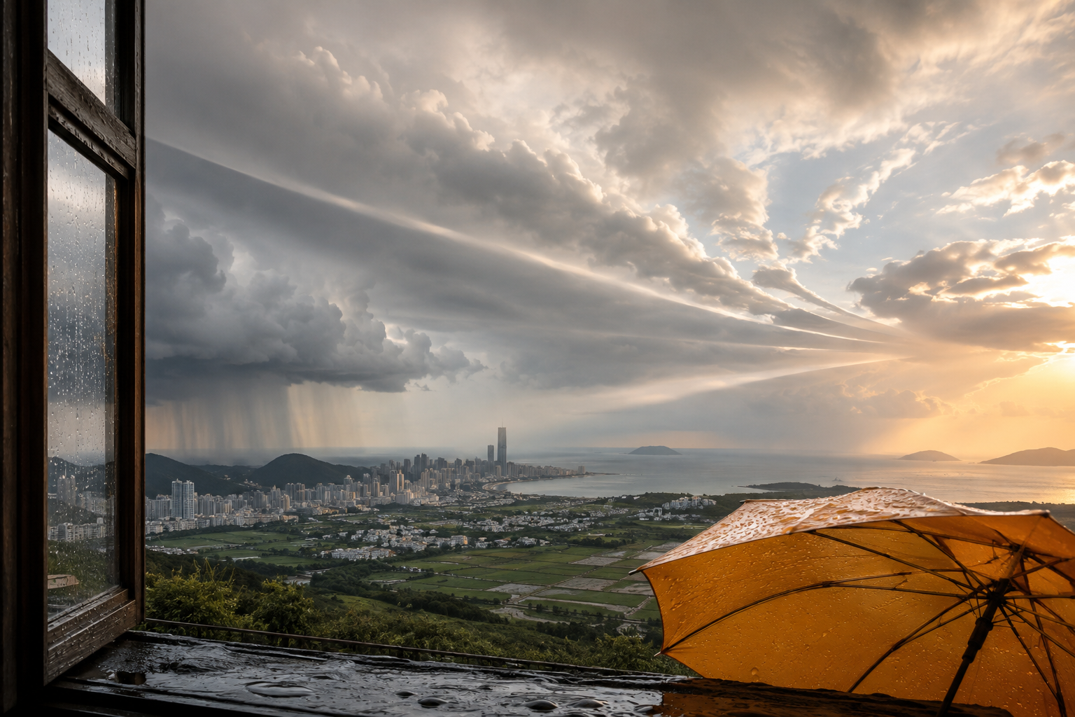 同一天气系统在城市上空分化为多条晴雨演进路径，表现概率集合预报中的多种可能。